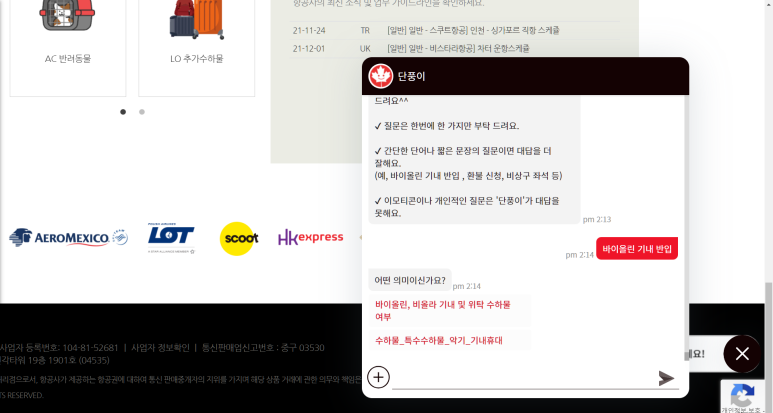 관련 질문 리스트를 띄운 AI챗봇, 단풍이